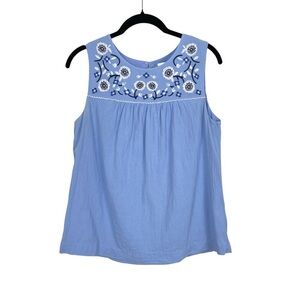 Boden Sleeveless Floral Embroidered Yoke Blouse Top Light Blue White Black 6